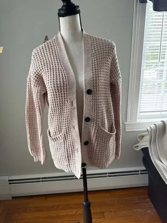 American Eagle Waffle Knit Button-Up Cardigan, Size Small - Picture 2 of 5